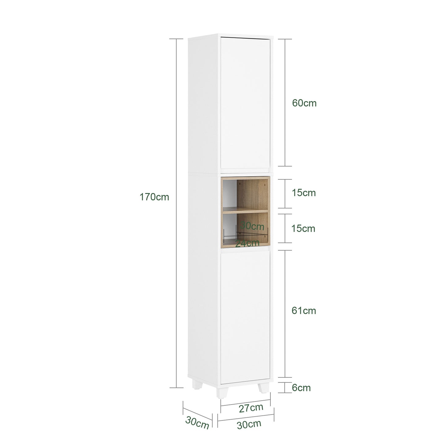 Badkamerkast – Kolomkast – Opbergkast – Wastafelonderkast – Hoge Kast – Smal Design – MDF & Spaanplaat – 30x170x30 cm – Wit – 2 Deuren en 2 Open Vakken