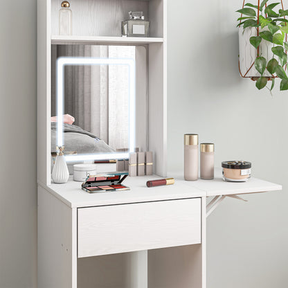 Make-up tafel compact – make-up bureau – beauty tafel – toilettafel – kaptafel wit – inklapbaar tafelblad – LED-verlichting op batterijen