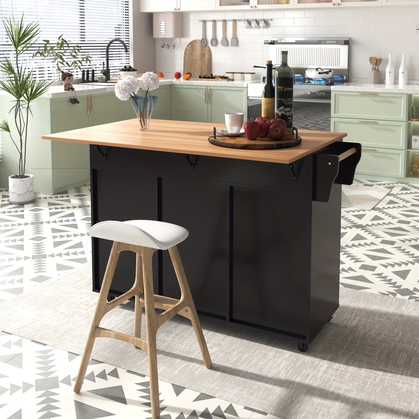 Dressoir – Sideboard – Opbergkast – Ladekast – Kastenmeubel – Zwart – Massief Houten Blad – Inklapbare Werkbank – Wieltjes – 129x46x91,5 cm