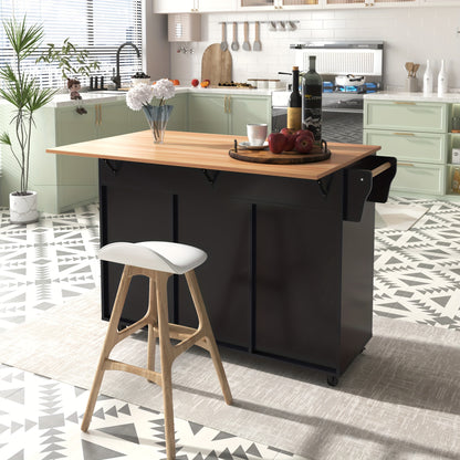 Dressoir – Sideboard – Opbergkast – Ladekast – Kastenmeubel – Zwart – Massief Houten Blad – Inklapbare Werkbank – Wieltjes – 129x46x91,5 cm