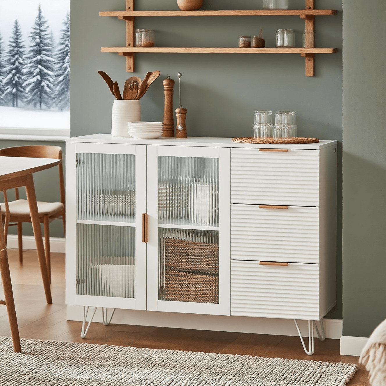 Keukenkastje – Keukenbuffet – Keukenmeubel – Opbergkast – Onderkast – 3 Laden – 2 Glazen Deuren – MDF Wit – Compact 108x85x40 cm