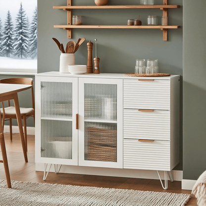 Keukenkastje – Keukenbuffet – Keukenmeubel – Opbergkast – Onderkast – 3 Laden – 2 Glazen Deuren – MDF Wit – Compact 108x85x40 cm
