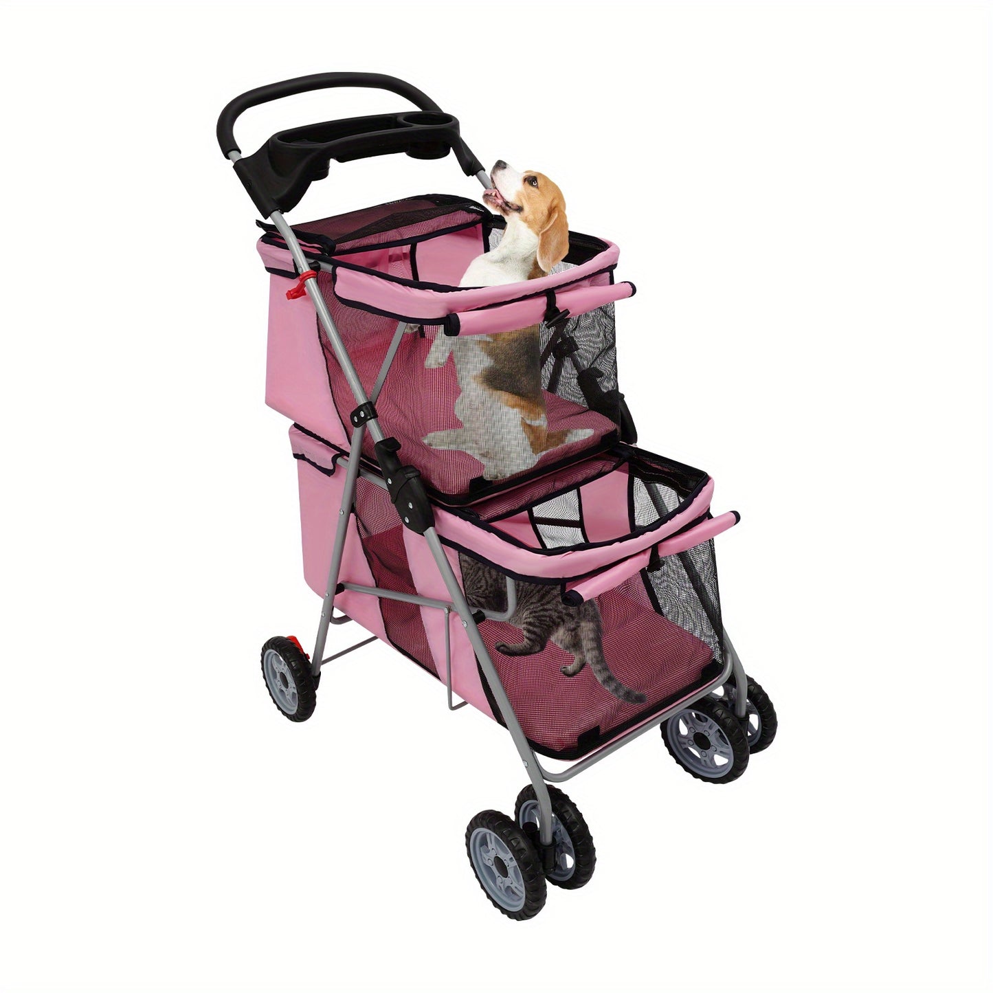 55*69*101cm Double-Tier Pet Stroller - Foldable, Durable Aluminum & Polyester Construction, Spacious Design with 4-Wheel Mobility, Easy to Use for Small & Medium Dogs
