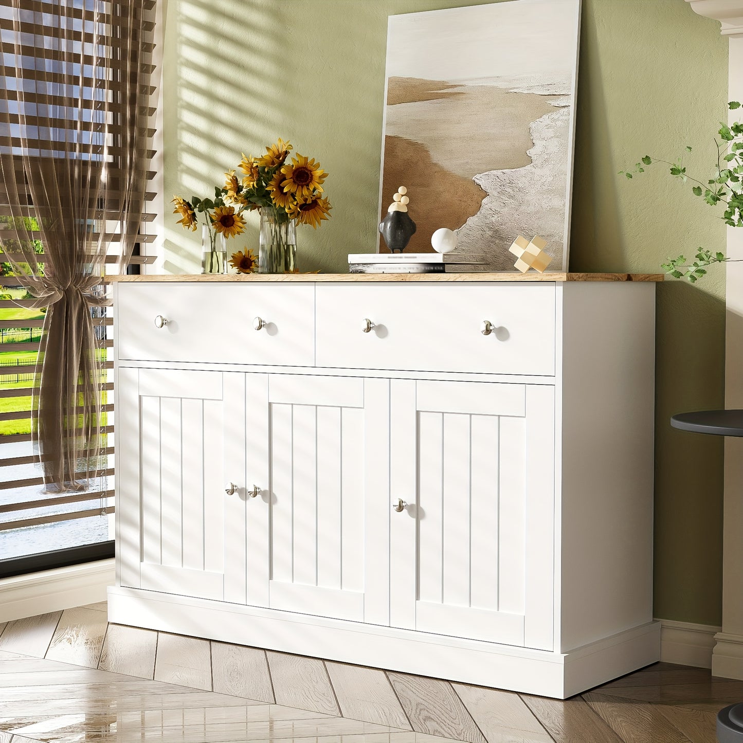 Carving Textures On The Living Room Side Panels, Ample Storage Space, And Stylish Furniture