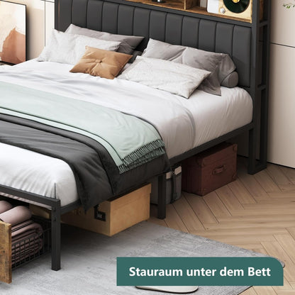 Opbergbed – Tweepersoonsbed – Bedframe – Slaapbank – Boxspring – 180x200 cm – LED Verlichting Hoofdeinde – USB Laadpoort