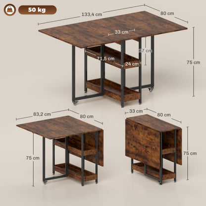 Inklapbare Eettafel – Opklapbare Tafel – Uitklapbare Eettafel – Opvouwbare Eettafel – Vouwtafel – Voor 2-4 Personen – Met 2 Open Planken – Compact en Mobiel – Rustiek Bruin 133,4x80x75 cm