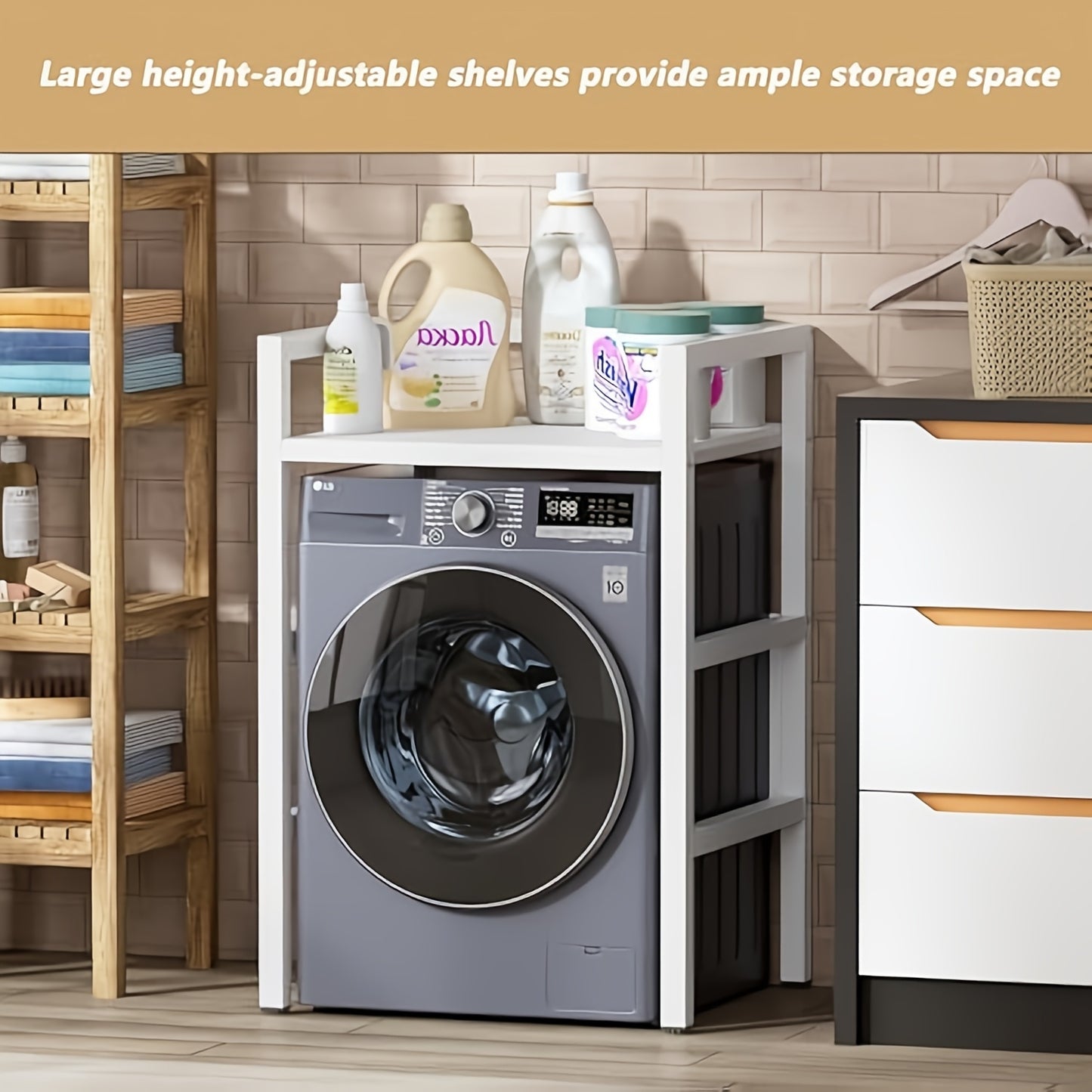 Vertical Shelf, Bathroom Washing Machine Rack, Washing Machine Rack, Washing Machine Shelf Above, Height Adjustable Washing Machine Rack, 73*64*110cm, Load-bearing 350kg (white/black), Standing Shelf