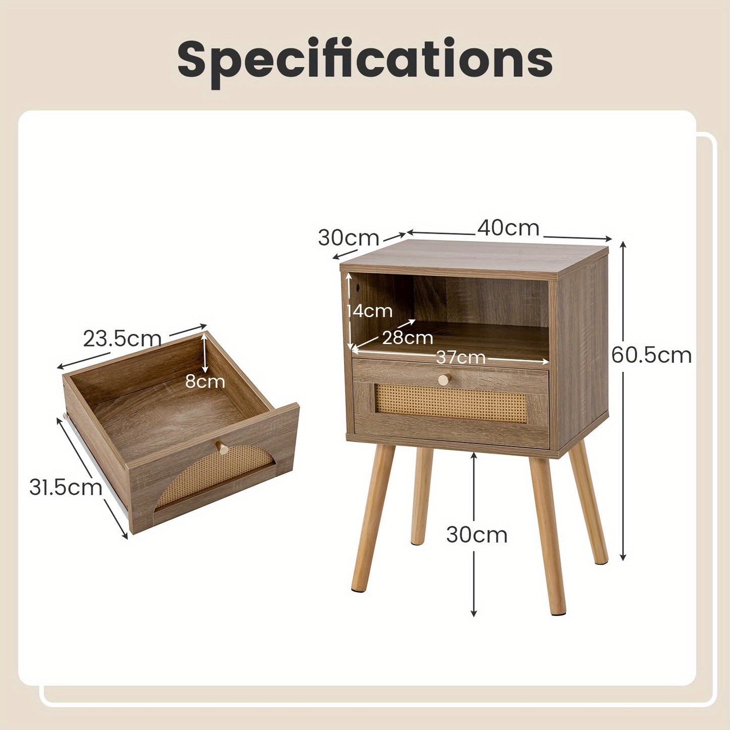 Nachtkastje Set – Bijzettafel – Bedkastje – Side Table – Nachtkastje Rattan – Massief Houten Poot – Set Van 2 – Ruime Lade – Compact 40x30x60,5 cm