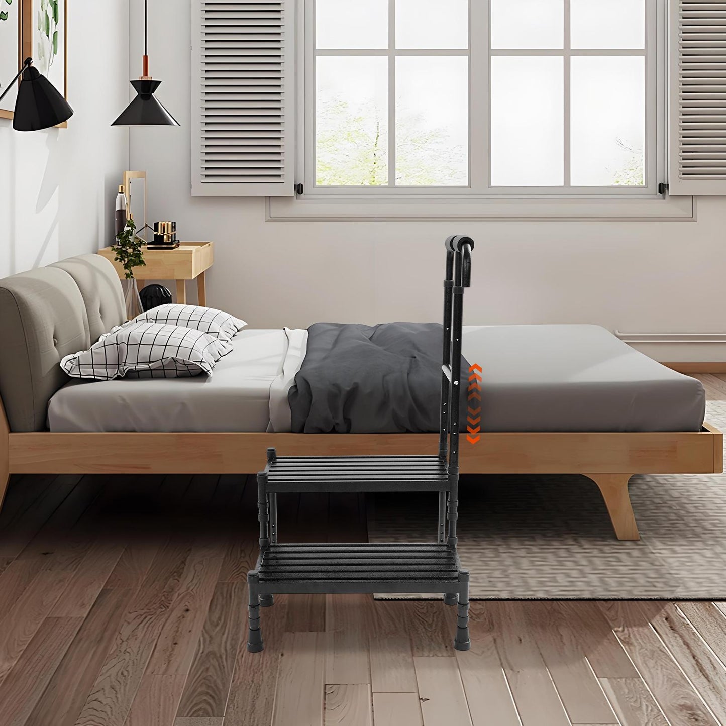 Heavy-Duty Step Stool with Handle & Adjustable Handrail - 2-Step Stairs Suitable for, Seniors,, - Sturdy Metal Stepping Stool with Wide Steps & Rubber Feet for Bed, Car, /Outdoor Use - Portable Ramp Stool