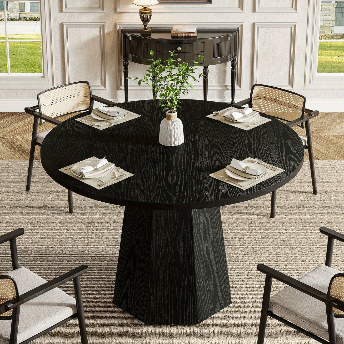 Eettafel – Ronde Tafel – Keukentafel – Dinnertafel – Tafel – Massief Houten Poten – Krasbestendig Gefineerd Spaanplaat – Compact 118 cm – Modern Farmhouse Design