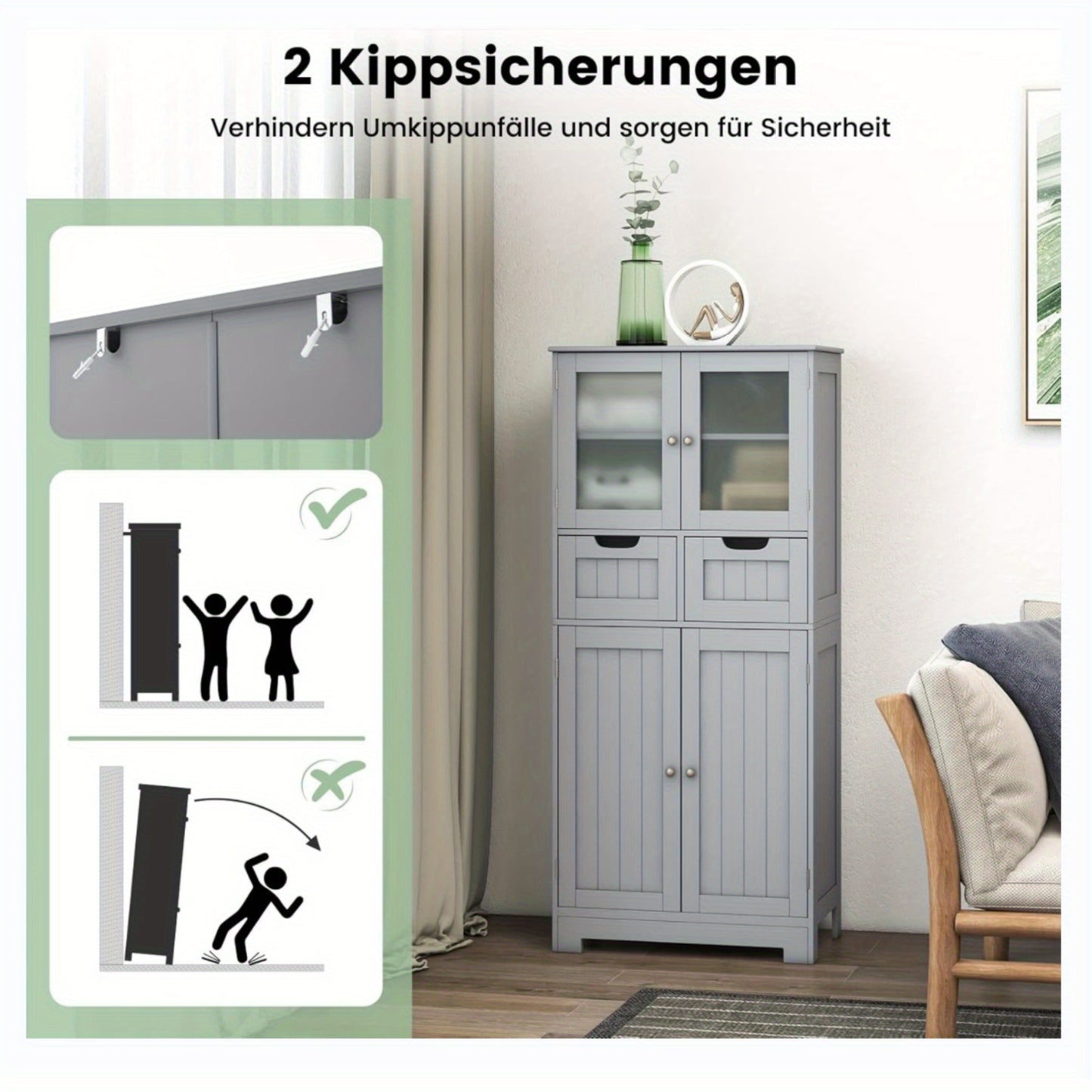 Staande Badkamerkast – Opbergkast – Badkamermeubel – Kastje – Opbergmeubel – 4 Deuren en 2 Lades – Verstelbare Planken – Wit MDF met Zwarte Handgrepen – Ruimtebesparend Design