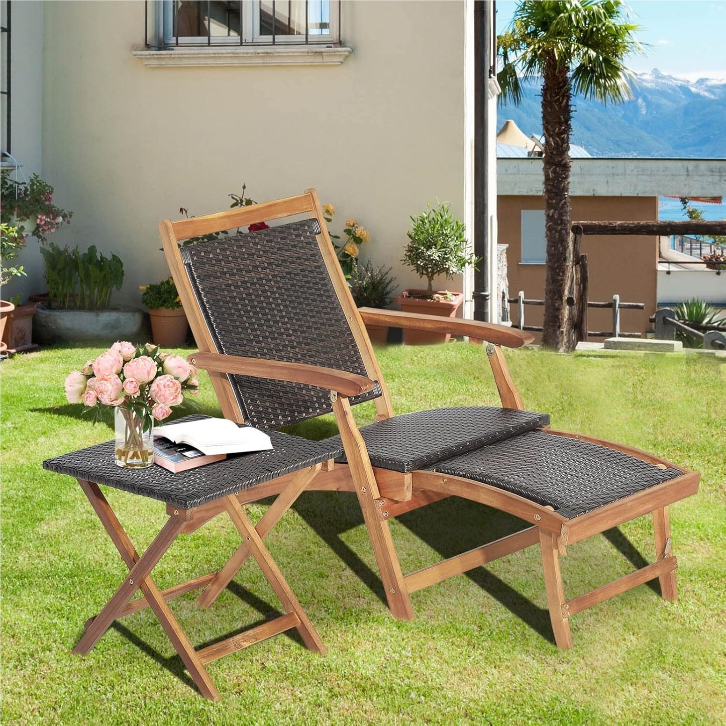 Rattan Ligstoel – Tuinstoel – Ligbed – Strandstoel – Balkonstoel – Uittrekbare Voetensteun – Inklapbaar Met Bijzettafel – Max 160 Kg Belastbaar – Weerbestendig PE-Rattan Bruin