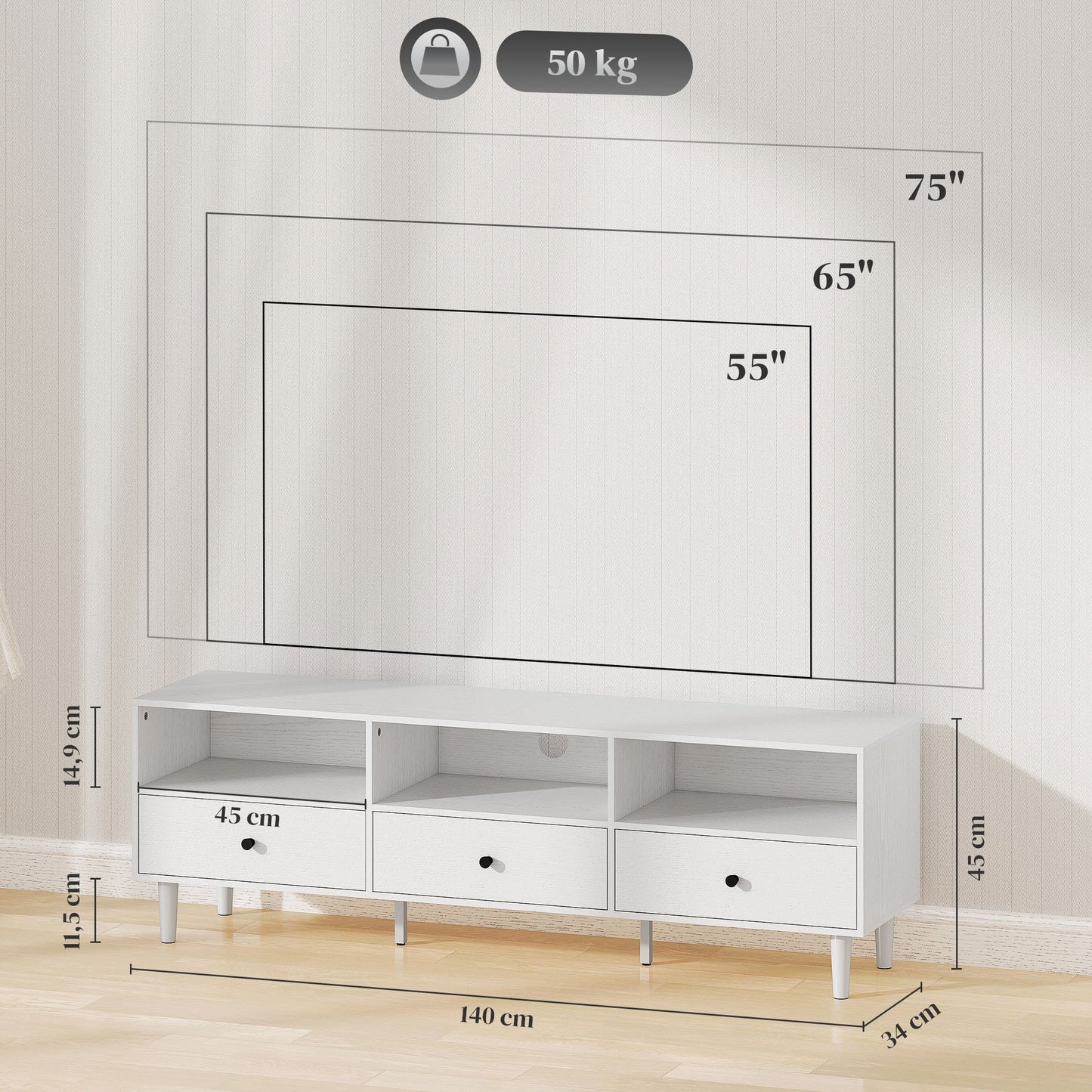 Tv-meubel – TV-kast – Televisiekast – TV-dressoir – Media-meubel – Voor televisies tot 75 inch – Met 3 lades en 3 open planken – Kabelmanagement – Wit spaanplaat