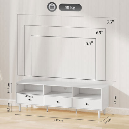 Tv-meubel – TV-kast – Televisiekast – TV-dressoir – Media-meubel – Voor televisies tot 75 inch – Met 3 lades en 3 open planken – Kabelmanagement – Wit spaanplaat