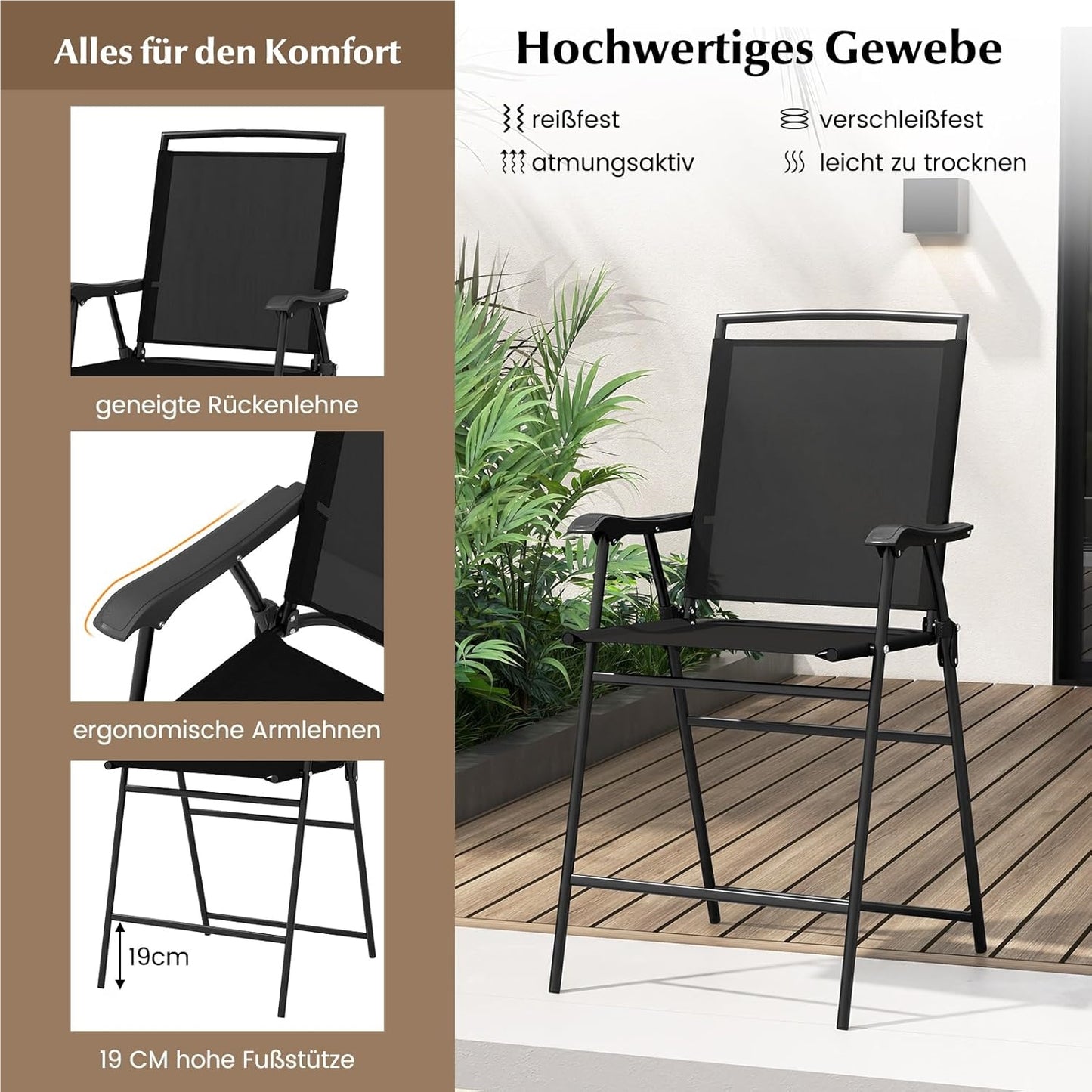 Bistro Tuinset – Balkon Meubels – Terras Set – Buiten Tafel Met Stoelen – Tuinmeubilair – Met Parasolgat – Vouwbare Stoelen – Zwart Metalen Frame – Duurzaam & Compact