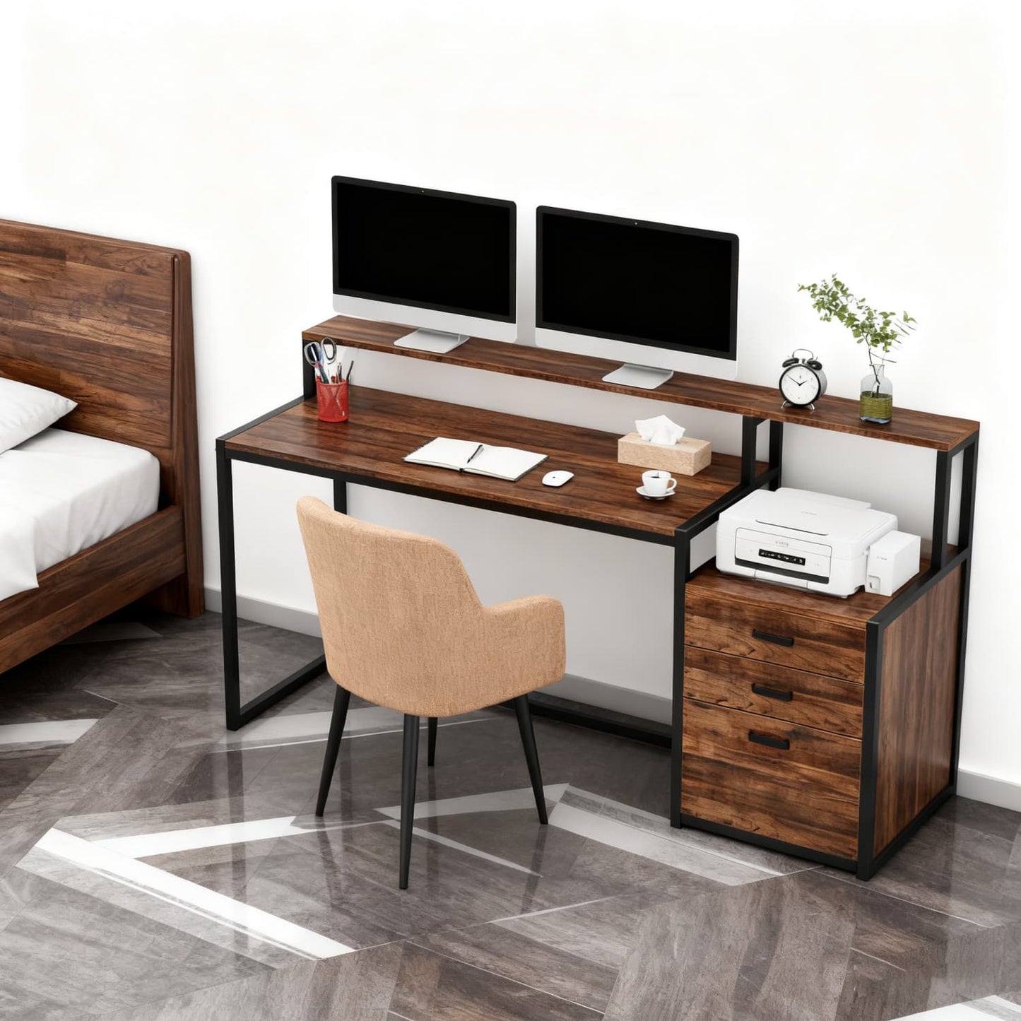 Ergonomisch Bureau – Computertafel – Werkplek Meubel – Bureau Met Opbergruimte – Vintage Bureau Rustiek Bruin – Verhoogde Monitorstandaard – Ruime Werkblad 114,3x50 cm