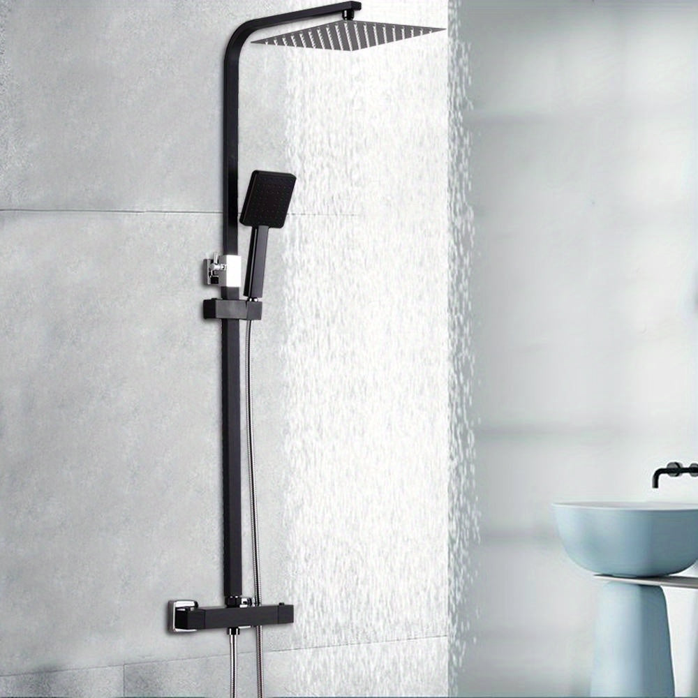 TOOL1SHOOO Luxury Modern Black Square Shower System with Thermostat Control - 10-inch Large Rain Shower Head & Handheld Shower, Construction, Adjustable Height (80-120cm) Rainfall & Handheld Shower Set with Valve, Thermostat