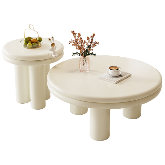 Salontafel – Theetafel – Bijzettafel – Koffietafel – Leestafel – Set Van 2 – Melkachtig Wit – Dubbel Laags Rond Tafelblad