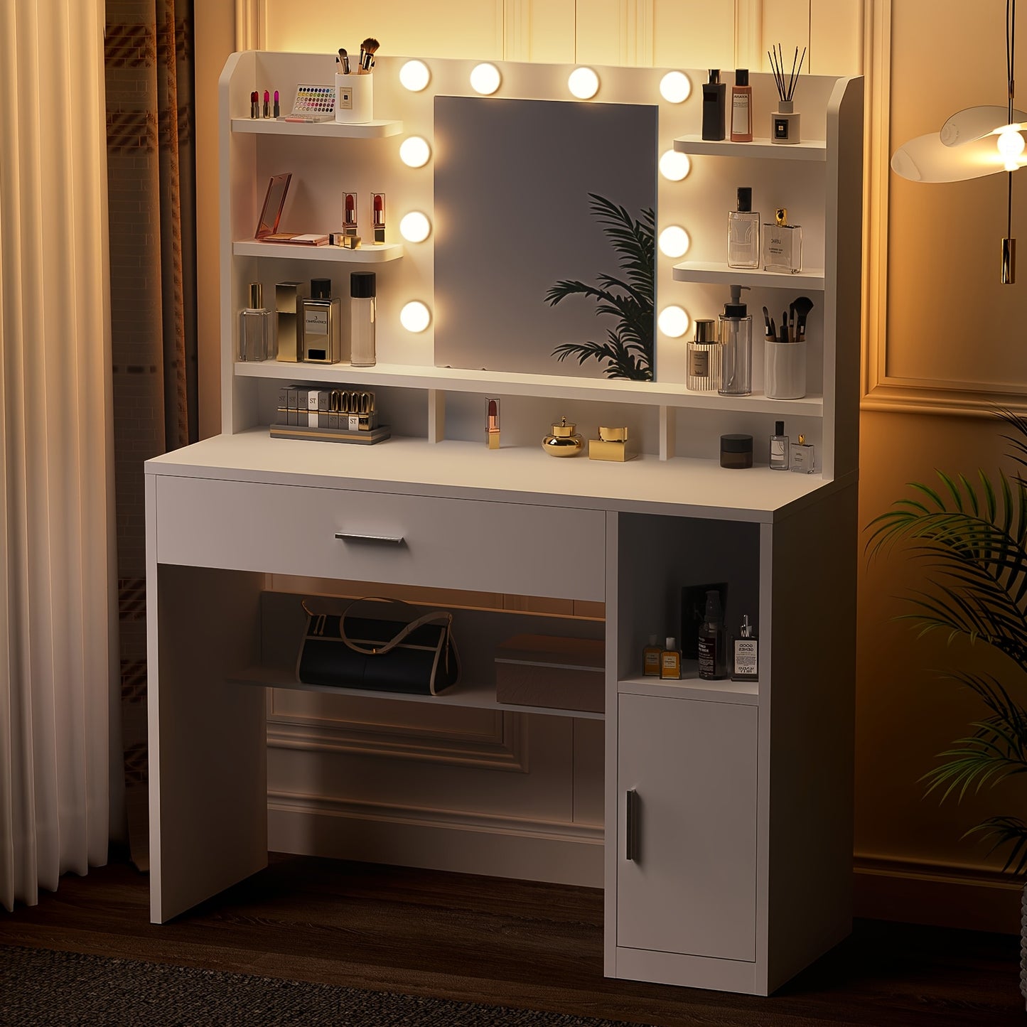 Kaptafel – Make-up Tafel – Dressing Table – Cosmeticatafel – Spiegeltafel – Wit – LED Verlichting Met Instelbare Helderheid – Opberglades En Open Vakken