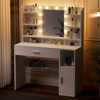 Kaptafel – Make-up Tafel – Dressing Table – Cosmeticatafel – Spiegeltafel – Wit – LED Verlichting Met Instelbare Helderheid – Opberglades En Open Vakken