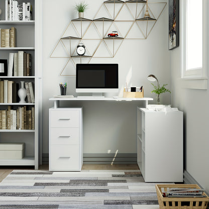 Hoekbureau – Bureau – Computertafel – L-Vormig Bureau – Schrijftafel – Wit Gelakt Hout – 3 Laden Opbergruimte – Compact Ruimtebesparend Design
