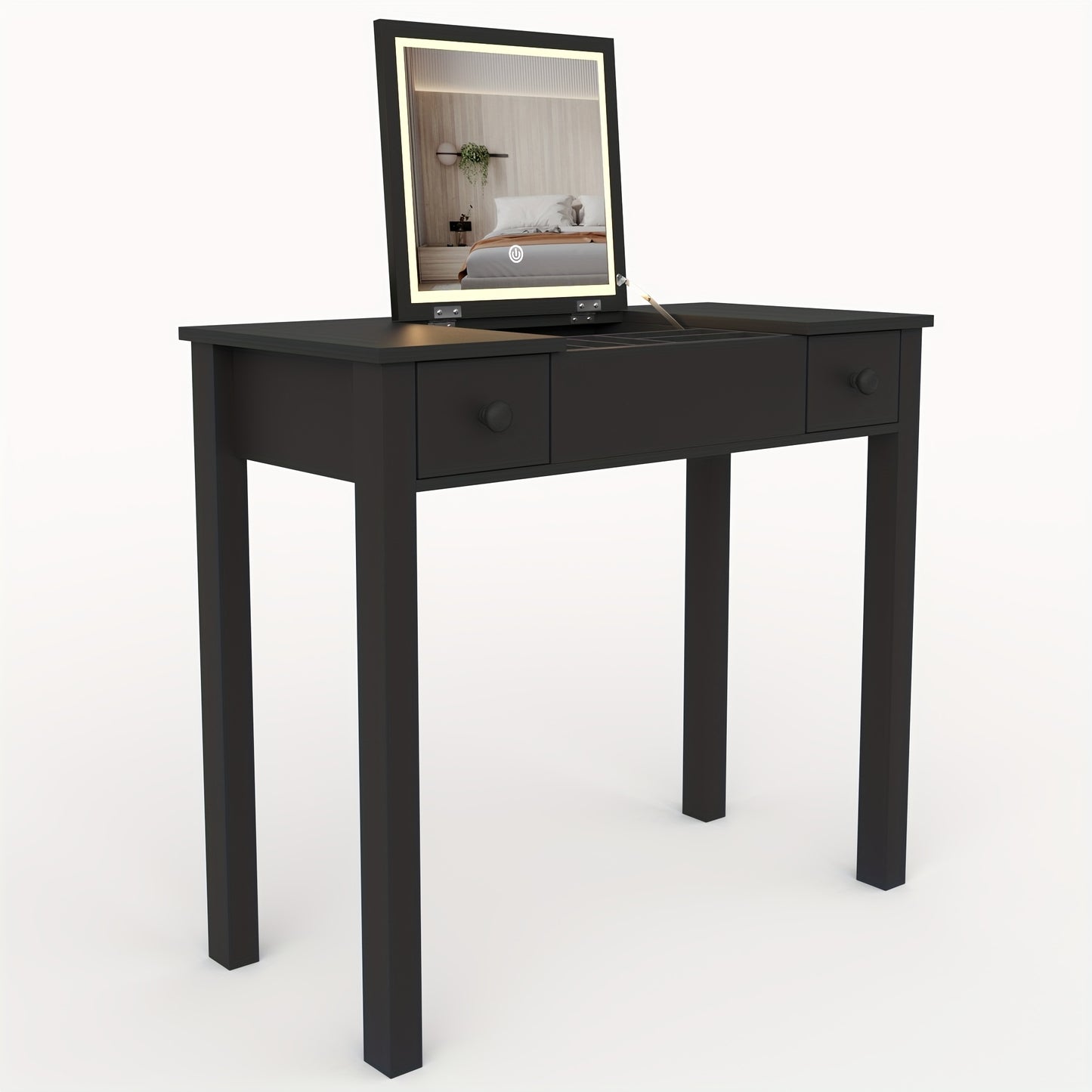 Make-up tafel – Kaptafel – Schminktafel – Vanity – Make-up bureau – Zwart hout – Ingebouwde Spiegel – Met lades