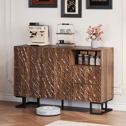 Modern Brown Entryway Storage Cabinet with 2 Doors & 2 Divided Drawers - Large Capacity Sideboard (≥3.2 Cu Ft), Metal Legs & Wicker Back Panel, Freestanding Hallway Furniture for Living Room, Dining Room - No Assembly Requi
