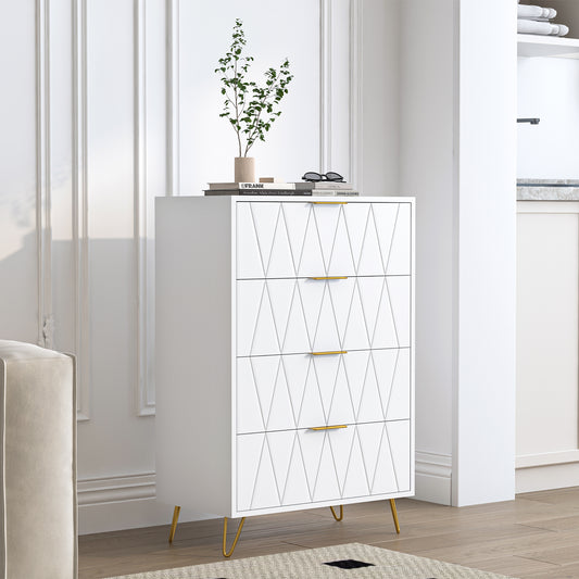 Kledingkast – Dressoir – Ladekast – Opbergkast – Hoge Kast – Wit – Chevron Patroon – 60 x 34 x 90 cm – Gouden Metalen Poten