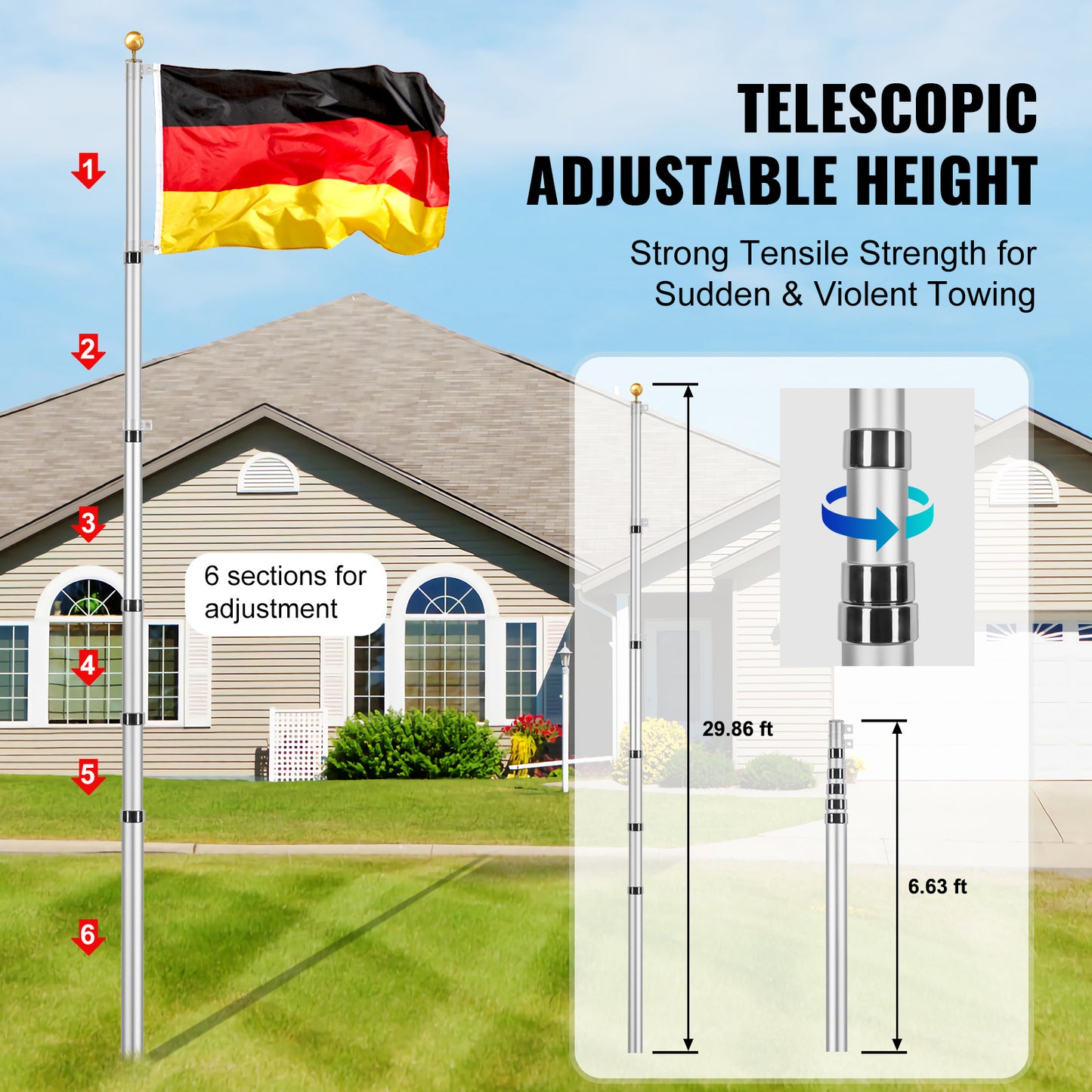 Vlaggenstok – Vlaggenmast – Telescopische Mast – Uitschuifbare Vlaggenstok – Aluminium Mast – 9 Meter Hoogte – Weerbestendig Aluminium