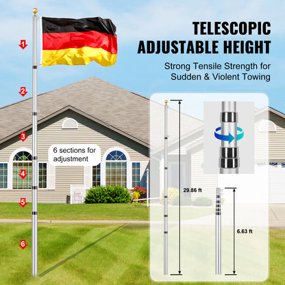 Vlaggenstok – Vlaggenmast – Telescopische Mast – Uitschuifbare Vlaggenstok – Aluminium Mast – 9 Meter Hoogte – Weerbestendig Aluminium