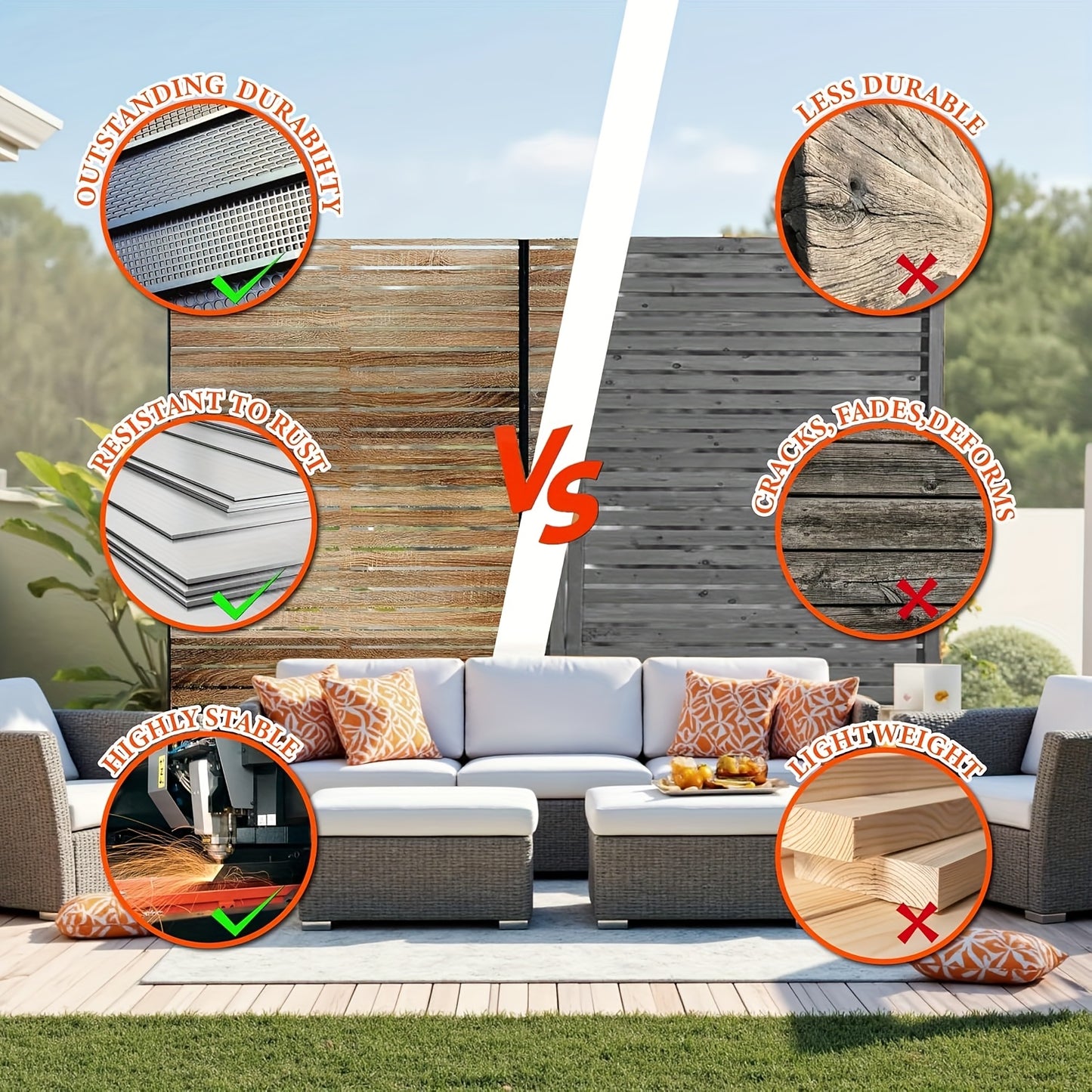 Schermwand – Privacywand – Kamerscherm – Scheidingswand – Tuinscherm – Vrijstaand – Duurzaam Metaal & Houtlamellen – 183x119 cm Zonder Elektriciteit