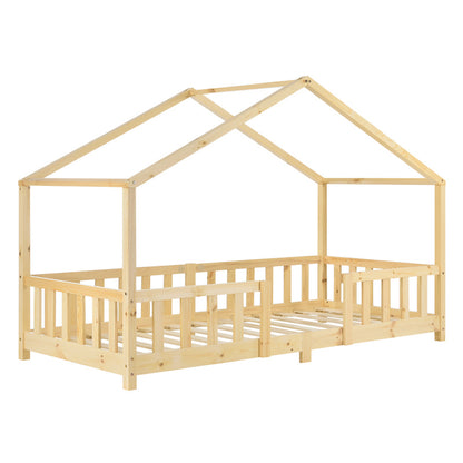 Kinderbed – Kinderbedden – Eenpersoonsbed – Hoogslaper – Stapelbed – Huisvormig Design – Valbeveiliging – Grenenhout – 140x200 cm