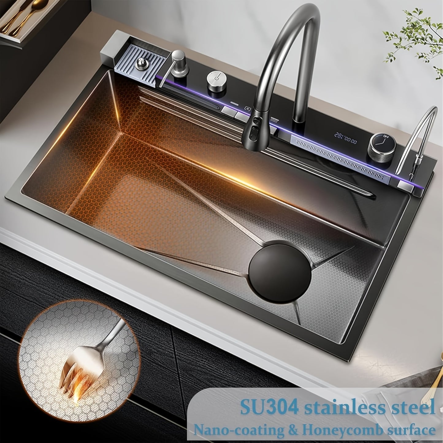 Keukenspoelbak – Spoelbak Werkstation – Inbouw Spoelbak – RVS Spoelbak – Enkele Kom Spoelbak – Brushed Golden Afwerking – Verzonken Waterval Ontwerp