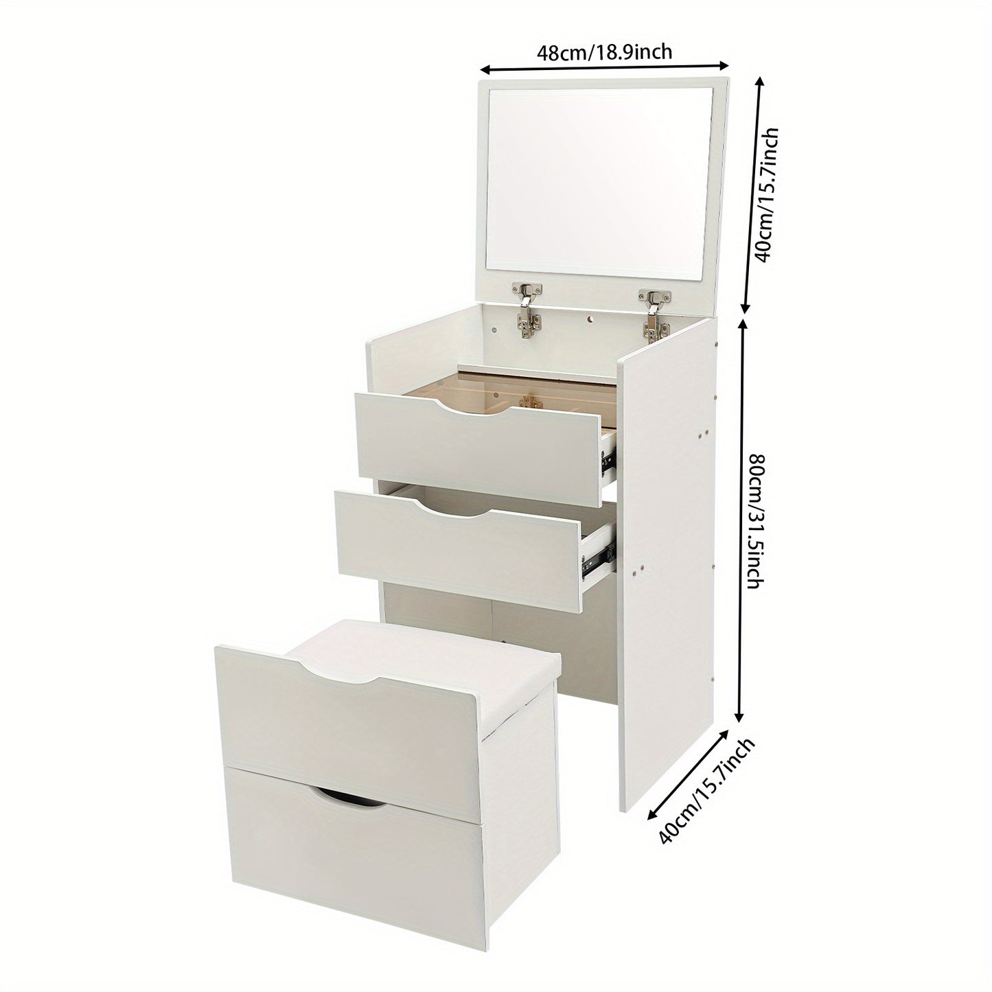 Toilettafel – Kaptafel – Make-up Tafel – Opmaaktafel – Dressing Table – Compact Ontwerp – Hout Met 3 Lades En Klapbare Spiegel – Crèmewit