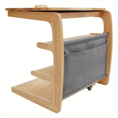 TOOL1SHOOO Modern C-Shaped Pulley Side Table with Lockable Castors, 4-Tier Storage Shelf & Adjustable Tabletop - Heavy-Duty Wooden Mobile Cart with Smooth-Glide Mechanism, Space-Saving Design for Living Room, Bedroom, Home Of