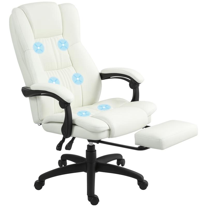 Adjustable Height Swivel Office Chair with Footrest & Massage Function - Heavy-Duty Metal Frame, Ergonomic High-Back Design, Cream White, Height-Adjustable Mechanism, 5-Wheel Base with 360° Rotation for Home Office & Profess