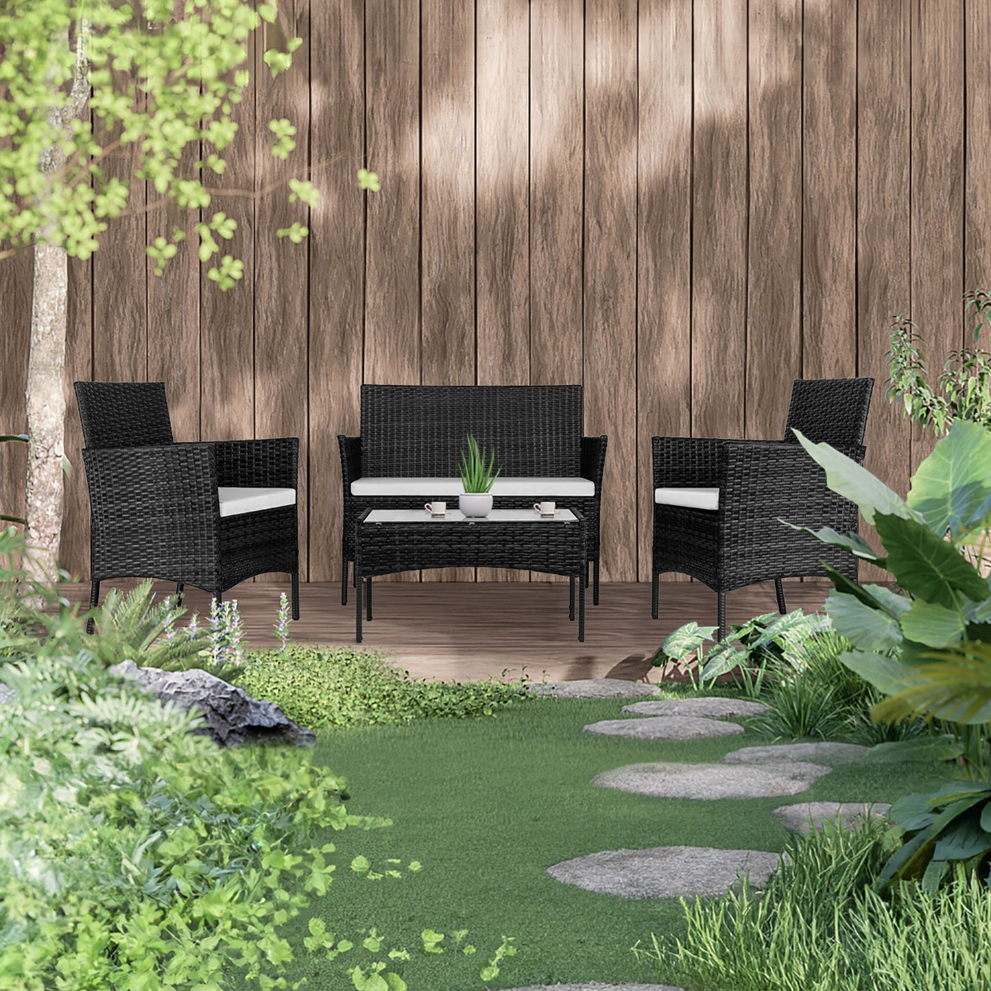 Wicker Loungeset – Loungebank – Tuinset – Balkonmeubels – Loungesofa – Zwart – Weerbestendig Geflochten Wicker – Comfortabele Dikke Kussens
