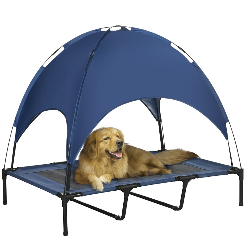 Hondenmand buiten – Hondenbed – Hondenkennel – Huisdierenbed – Hondenhuis – Weerbestendig met Overkapping – Versterkt Frame – 122x92x108 cm – Vintage Blauw-Zwart