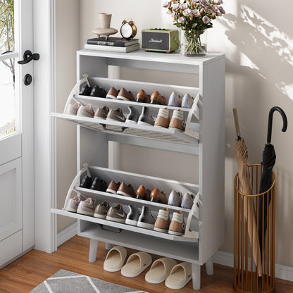 Shoe Cabinet With Handmade Rattan Drawers, Freestanding Shoe Cabinet With Solid Wood Feet, Narrow Shoe Cabinet In The Entrance And Minimalist Slim Shoe Cabinet.