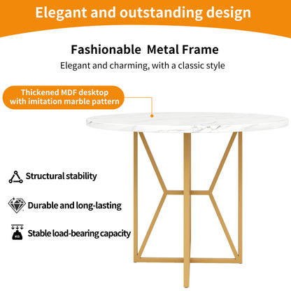 Ronde Eettafel – Tafeltje Rond – Ronde Tafel – Eetkamertafel Rond – Kleine Tafel – Luxe Marmerlook MDF Blad – Gouden Metalen Poot – 80x80x76 cm – Geschikt voor 4-6 Personen