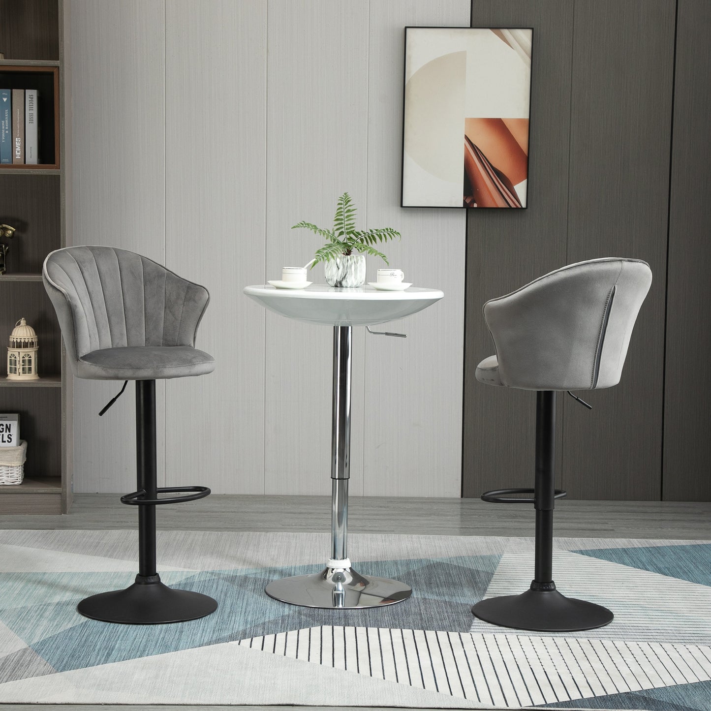 Barkrukken – Barstoelen – Keukenstoelen – Bistrostoelen – Krukken – Draaibaar – Verstelbare Hoogte – Fluweelachtige Bekleding – Met Rugleuning – Grijs – 54x56x91-111 cm