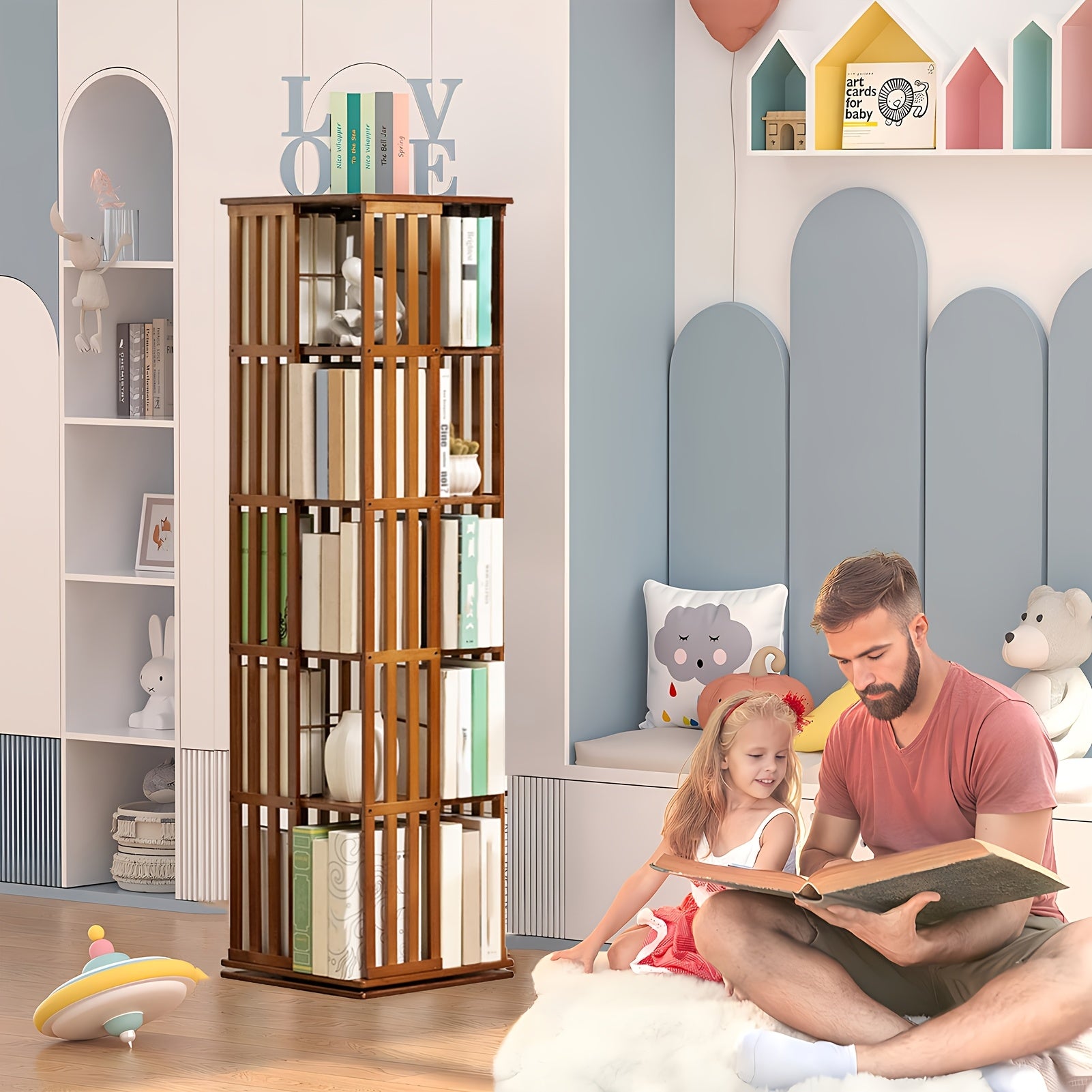 Draaibare Boekenplank – Boekenrek – Boekenhouder – Boekenkast – Opbergkast – 5 Lagen – 360° Draaibaar – Bamboe Materiaal - QUORE