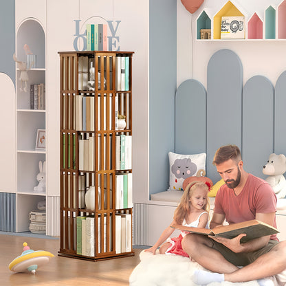 Draaibare Boekenplank – Boekenrek – Boekenhouder – Boekenkast – Opbergkast – 5 Lagen – 360° Draaibaar – Bamboe Materiaal - QUORE