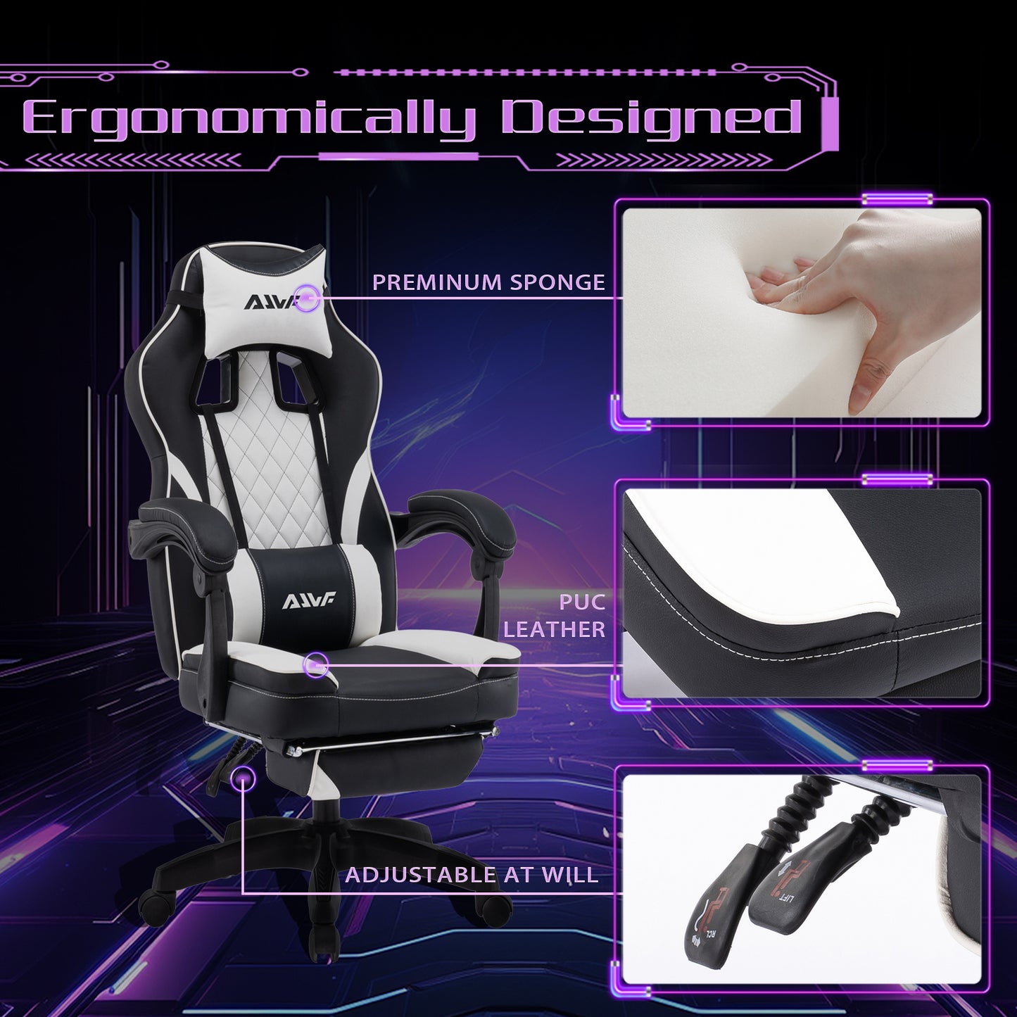 Gamingstoel – Gamestoel – Werkstoel – Bureaustoel – Computestoel – Ergonomische Lendensteun – 360° Draaibaar Zwart-Wit