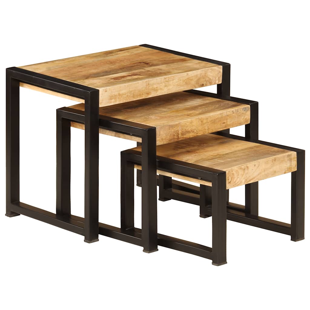 Set Van 3 Tafels – Bijzettafel – Nachtkastje – Salontafel – Tafel – Massief Mangohout – Stalen Frame – Ruimtebesparend – Uniek Bruin