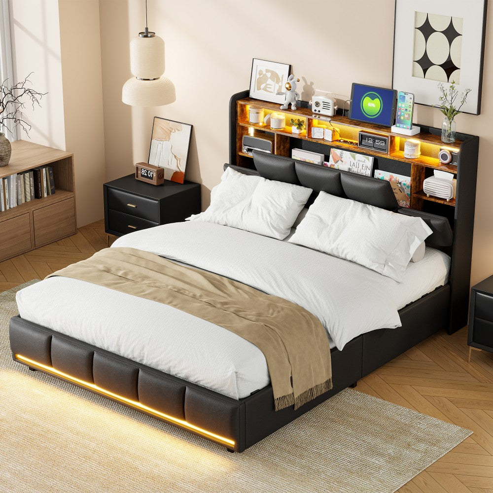Opbergbed – Gestoffeerd Bed – Tweepersoonsbed – Stapelbed – Slaapbank – Met LED-Verlichting en USB-C Poorten – Met Gasveer en Ruime Opbergruimte – Met PU Bekleding en Metalen Frame – 160x200 cm – Zonder Matras