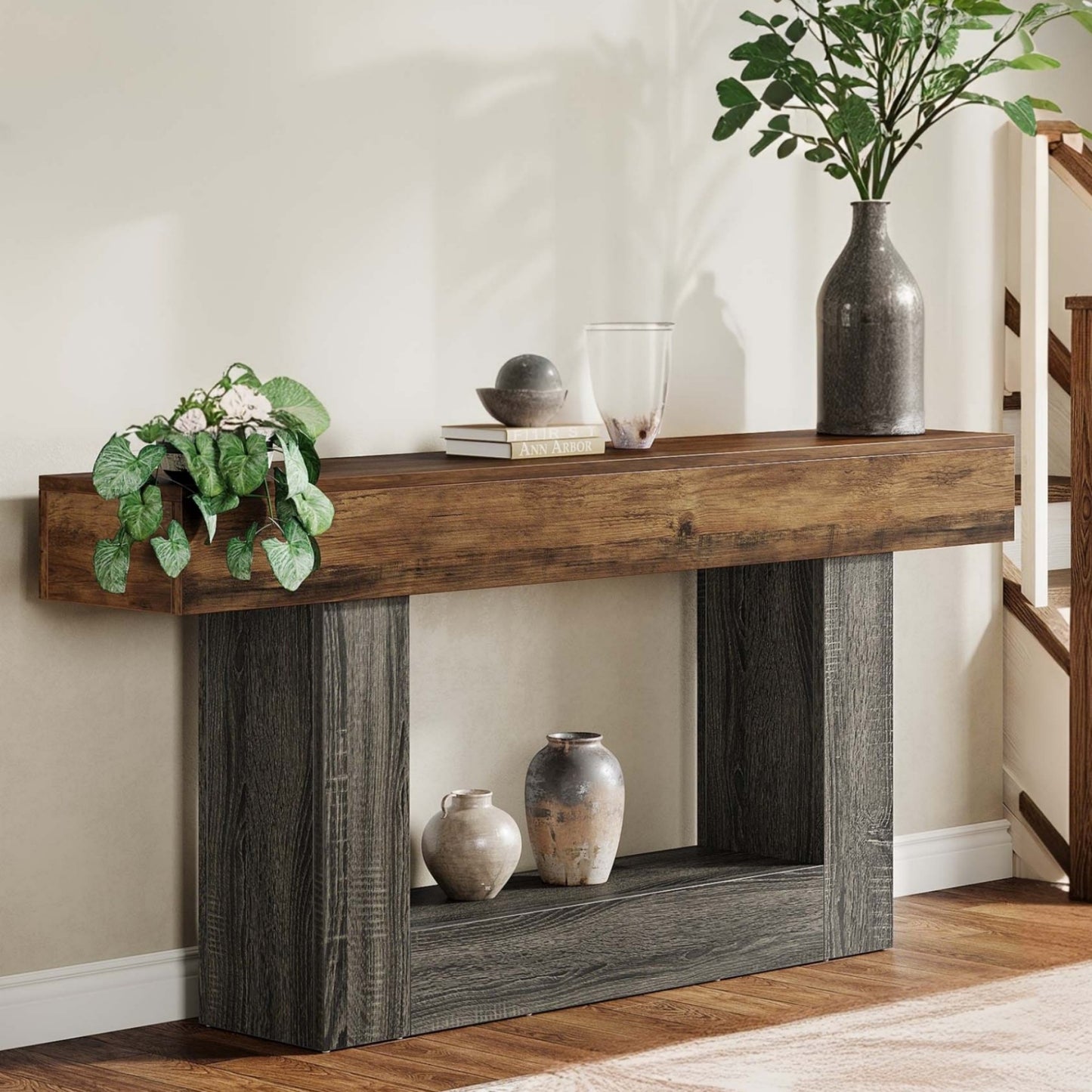 Console Tafel – Sidetable – Haltafel – Sofa Tafel – Wandtafel – Vintage Bruin & Grijs – 160 cm Lang – U-Vormige Onderstel