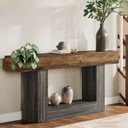 Console Tafel – Sidetable – Haltafel – Sofa Tafel – Wandtafel – Vintage Bruin & Grijs – 160 cm Lang – U-Vormige Onderstel