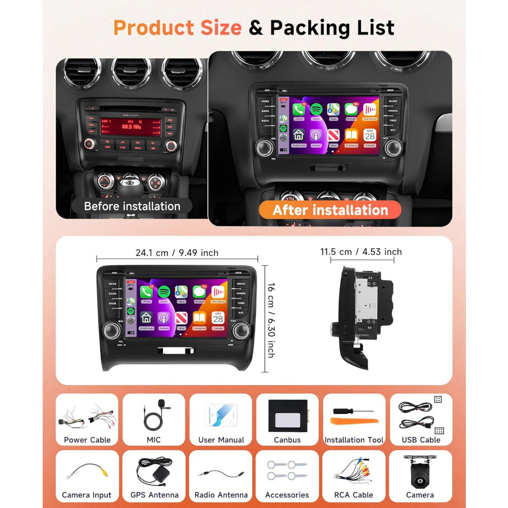 PODOFO [4+64G] Android 15 7-inch for Audi TT MK2 8J 2006-2014, Wireless Carplay/Android Auto, Android EQ AI DSP/GPS/WiFi/BT5.0/FM/Mirror Link+Backup Camera+Mic, A Perfect Gift for Dad and Drivers, Merry Christmas Gifts, Black