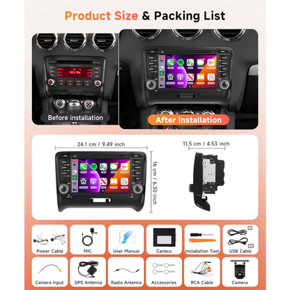 PODOFO [4+64G] Android 15 7-inch for Audi TT MK2 8J 2006-2014, Wireless Carplay/Android Auto, Android EQ AI DSP/GPS/WiFi/BT5.0/FM/Mirror Link+Backup Camera+Mic, A Perfect Gift for Dad and Drivers, Merry Christmas Gifts, Black